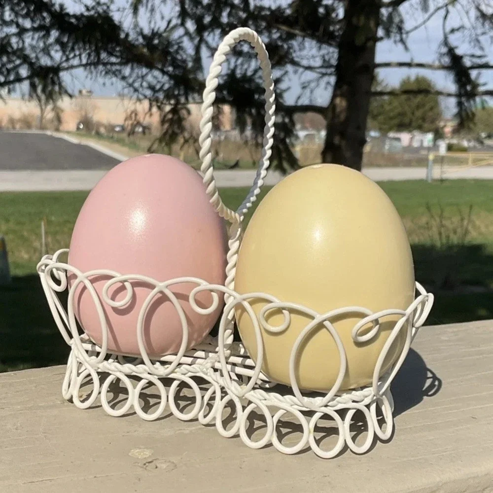Easter‎ Egg Salt & Pepper Shakers Pink & Yellow Flowers on Front In Wire Basket